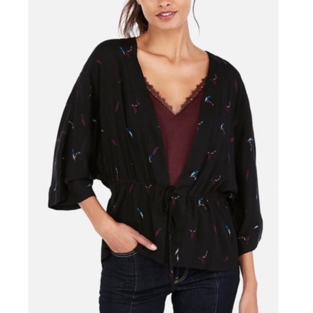 NEW Express Women’s Cinched Waist Kimono Top Black with Feathers